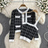 Elegant Plaid Round Neck Soft Knitted Cardigan Sweater with Tank Top Set